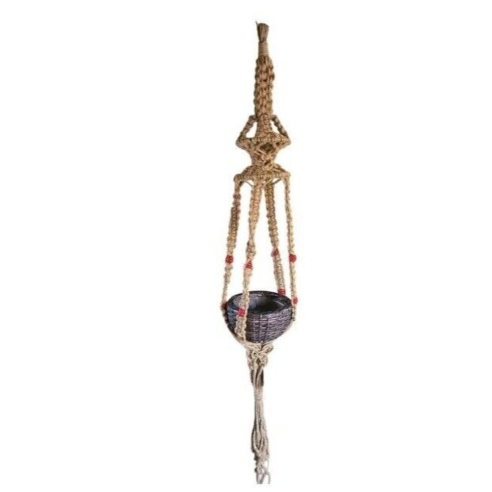 Vintage Macrame Thick Jute Plant Hanger 72” Natural Brown Boho Chunky Red Beads